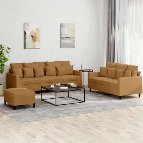 HETFTJN Samtgarnitur 3-TLG 2-Sitzer 138 cm & 3-Sitzer 198 cm mit Hocker Braun Samt Ecksofa für Wohnzimmer Schlafzimmer Büro