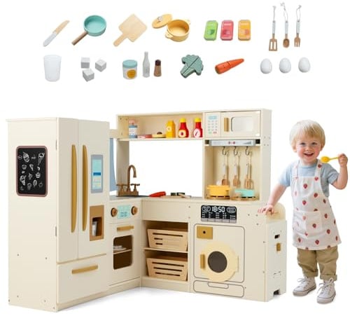 HOMASIS Eck Kinderküche Holz, Spielküche mit Licht & Sound, inkl. 22 Zubehör, Spielzeugküche mit Mülleimer Spüle Herd Ofen Mikrowelle Eismaschine Kühlschrank Waschmaschine, für Kinder ab 3 Jahren