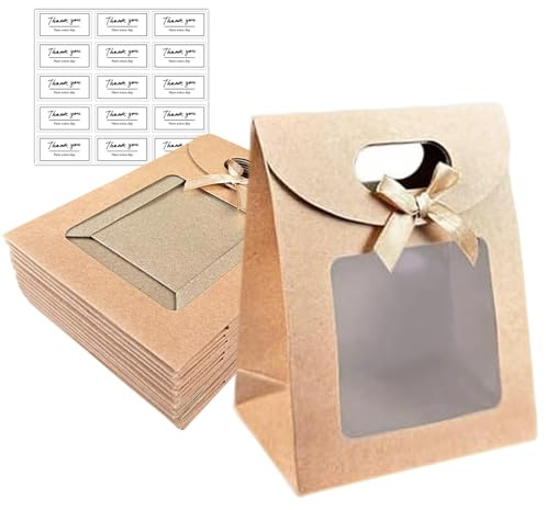 15 Pièces Sac Papier Kraft 15 Autocollants Inclus (Bois Naturel) | Sachet Kraft Sac Cadeau Cadeau avec Fenêtre, avec Poignée 16x12x6cm pour Emballer Cadeaux de Banquet Biscuits Bonbons