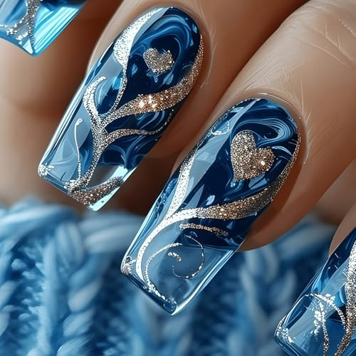 False Nails, Blue Acrylic Full Cover False Nails, Removable Glue On Artificial Nails for Women & Girls, 24pcs Medium Square Press On Nails with Gold Line & Heart Design