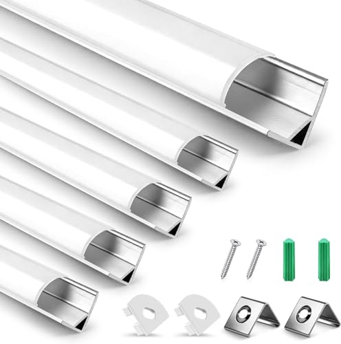 ROLANCHE 5er-Set LED Aluminium Profil, silberner V-förmiger LED-Aluminiumkanal mit milchig-weißer Abdeckung, Endkappen und Montageclips, Aluminium-Extrusionsprofil für LED-Streifen V02