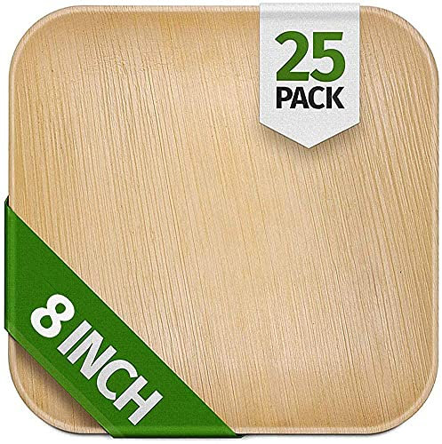 Streetfood Packaging: 25 Eco Bamboo Plates - 20x20cm Square Palm Leaf Party Plates | Reusable, Heavy Duty, Biodegradable | 100% Compostable, Rustic, Strong, Disposable Wooden Plate for BBQs, Parties