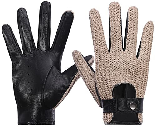 Harssidanzar Herren Autohandschuhe Leder mit Häkeln Schwarz Fahrhandschuhe Touchscreen GM030,Beige, Größe L