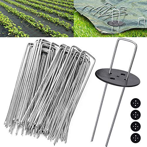 FLONATUR - Grapas para Césped Artificial - 200 Piquetas + 32 Arandelas - Mallas Antihierba - Piquetas Camping Suelo Duro - Clavos Jardín - Anclaje Suelo - Metal - 3mm - 15x3x15cm