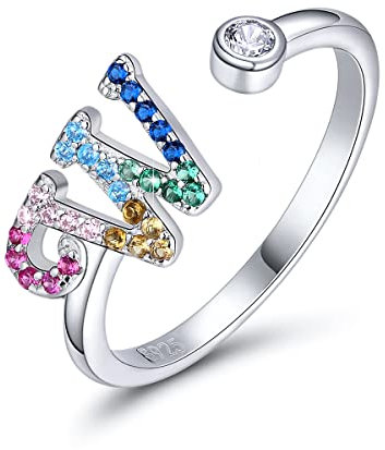 SIMPLGIRL Initial Ringe 925 Sterling Silber Buchstaben Ringe Verstellbarer Regenbogen Alphabet Ring mit Farbiger Zirkonia für Damen Mädchen, Initial Buchstabe W