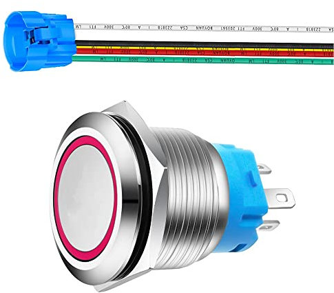 Gebildet 0.87 Zoll/22mm Momentaner Druckknopf Edelstahl Taster 230VAC 3A LED 1NO1NC SPDT An/Aus Wasserdicht mit Kabelbuchse Stecker (Rote LED)