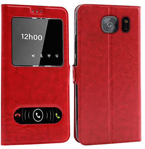 CEKA TECH Coque pour Samsung Galaxy S7 Edge (5,5 Pouces), Etui Housse avec FENETRES, Pochette Magnétique pour (Samsung S7 Edge) - Rouge