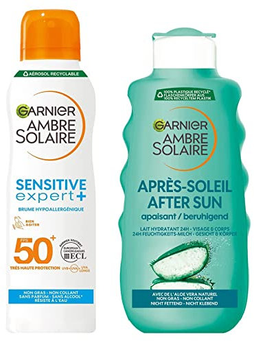 Garnier Ambre Solaire - Coffret Essentiel Solaire - Routine Protection Solaire & Après-Solaire - Brume Protectrice FPS 50+ + Lait Après Soleil - Visage & Corps - Tous Types de Peaux - 200 ml