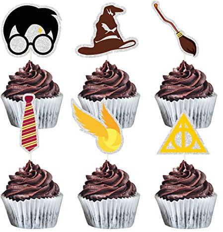 MEFENG 18Pcs Magical Wizard Cupcake Toppers - Glitter Harry P Themed Cake Decorations - HP Theme Birthday Cake Picks - Kids Birthday Party Supplies
