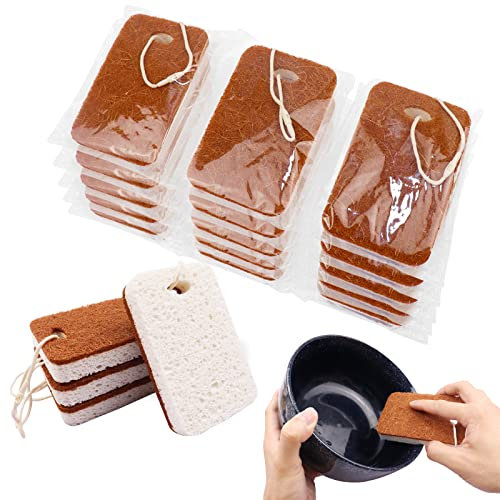 Spugne naturali biodegradabili confezionate singolarmente, antigraffio, spugna abrasiva ecologica in cellulosa e cocco, per lavare i piatti, marrone, set da 15