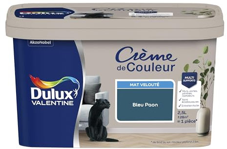 Dulux Valentine Crème de Couleur - Peinture multi-supports intérieure - Mat Bleu Paon 2,5 L