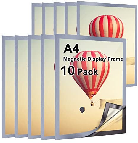 Gocoffun A4 Magnetic Sign Holder, 10 Pack Self Adhesive Magnetic Display Frame, Waterproof Clear Display for Home, School, Store, Notice,Pictrue Display Frame (silver)