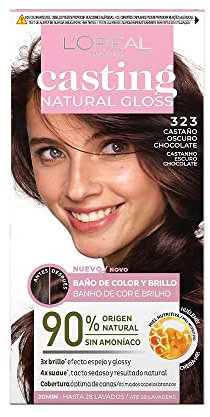 L'Oréal Paris Casting Natural Gloss, Baño de color y brillo, Cobertura óptima, Con Acondicionador Nutritivo con Miel, Sin Amoniaco, Color: Negro chocolate 323