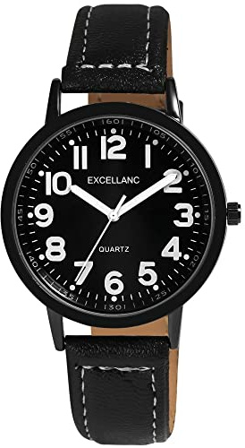 Excellanc Herren-Uhr Kunstleder Dornschließe Leuchtzeiger Analog Quarz 2900232 (schwarz schwarz weiß)