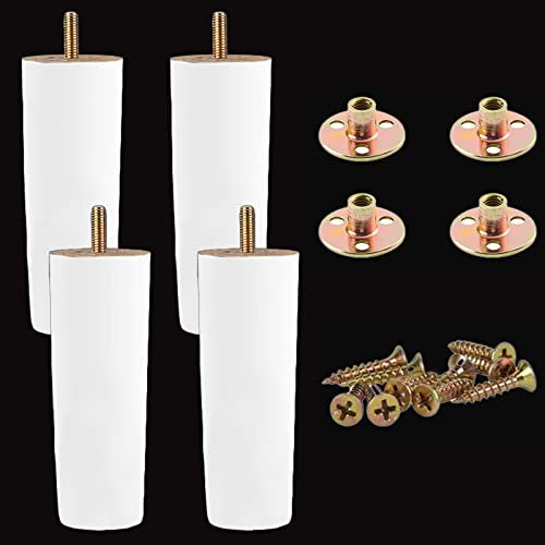 XineYuor 4 Stück Möbelbeine aus Holz,Weiß Holz Tischbeine Möbelbeine Sofafüße Holzbeine für Möbel Schrank Beine Schrankfüße mit Montageplatte Gummipads für Tisch Sofa Bett Schrank (20cm/7.87'', Blanc)