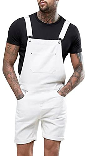 Oanviso Salopette Corta in Denim da Uomo Tinta Unita/Foro Strappato Jumpsuit con Cinturino Regolabile Multi-Tasche Casual Jeans Comodo Salopette Classico Vintage Abiti da Lavoro F Bianco L