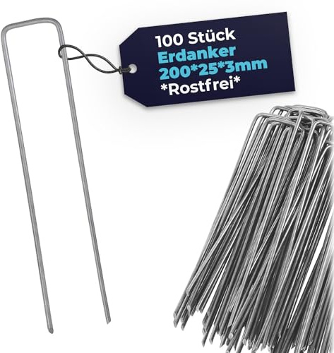 100 Stück Erdanker, Bodenanker aus Verzinketen Stahl, Stabile Erdnägel für Unkrautvlies, Gartenvlies, Zaun 200 mm x 25 mm - 3 mm