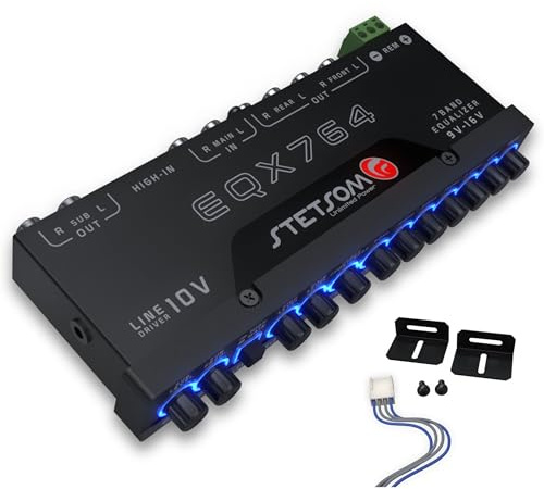 Stetsom EQX764 Graphic Equalizer 7 Band Equalization with 4 Input and 6 Output Channels, Input Channel Selection Switch (MAIN or HIGH), Level Controls for Each Input (MAIN or HIGH), Modern Blue LED