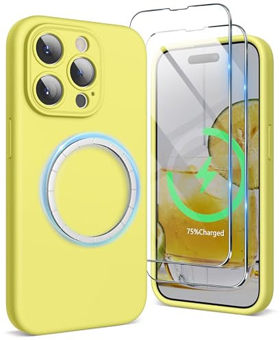 SURPHY Magnetic Case for iPhone 15 Pro Max Case with Screen Protector, Liquid Silicone Anti-Scratch Compatible with MagSafe Gel Rubber Phone Case for iPhone 15 Pro Max 6.7 inch, Yellow