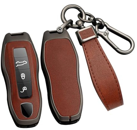 ontto Coque de Protection pour clé - Convient pour Porsche Macan Panamera 918 911 981 991 Boxster Cayenne Cayman - Métal - en Cuir synthétique - Porte-clés de Voiture - 3/4 Boutons - Noir et Marron