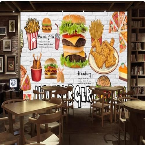 MOBYAT Papier Peint 3D Mur De Briques Fast Food Restaurant Décor Papier Peint Mural Personnalisé Poulet Frit Burger Pizza Snack Bar Décor Papier Peint, 3D, 400x280 cm