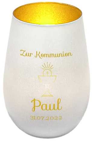 Windlicht mit Gravur zur Kommunion | Weiß/Gold | Kelch | Personalisiertes Kommunionsgeschenk Junge Mädchen Buben | Tischdeko und Geschenk zur Erstkommunion | Teelichthalter