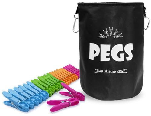 Aieino Grande Bolsas para Pinzas de Ropa con 24 Pinzas para la Ropa, Gancho Colgante - Impermeable Bolsa de Almacenamiento de hasta 200 Pinzas de la Ropa Duradero para Interiores Exteriores, Negro