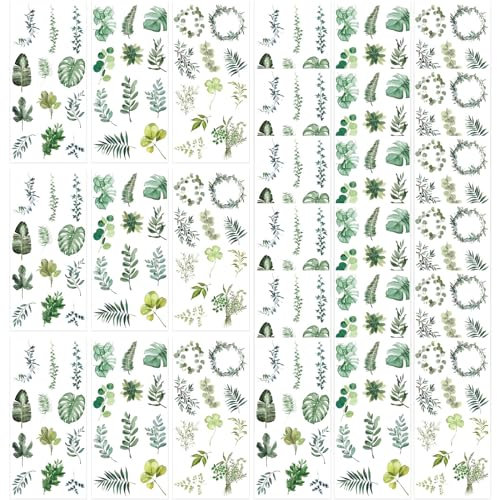 Keboyoe 27 Blatt Sticker Grün Pflanzen Aufkleber Sticker Fotoalbum Wasserdicht Blätter Sticker,Selbstklebend Transparent Blätter Aufkleber in Verschiedene Muster für Scrapbooking Stickerbuch DIY Deko