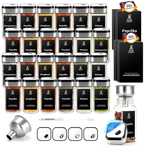 SIAZIH 24 Gewürzstreuer Eckig, Gewürzgläser mit drehbarem Gewürzlochdeckel, einzigartige große Trichter, zarte wasserfeste Gewürzetiketten mit deutschem, einfache Kitchen storage & organisation