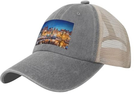 Amsterdam Night View Stilvolle Cowboy-Netz-Baseballkappe für Herren – klassische und vielseitige Trucker-Mütze, Netz-Snapback-Hüte für Herren, Grau, Einheitsgr��e