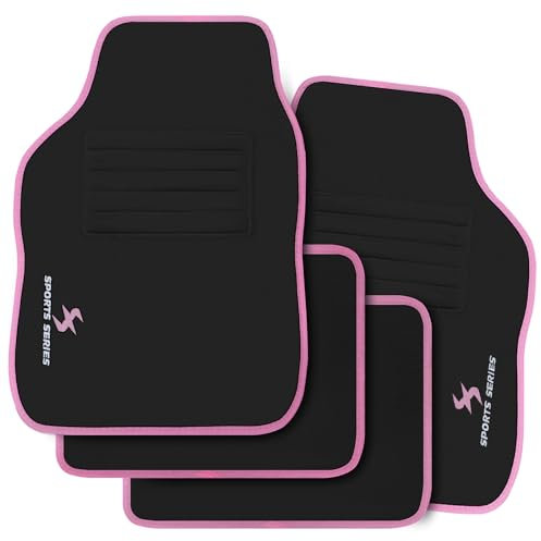 WOLTU Autofußmatten-Set mit 4 Matten universelle Allwetterfußmatten mit Stickerei Autoteppich gegen Wasser rutschfeste Absatzschoner aus Teppichmaterial Schwarz Rosa