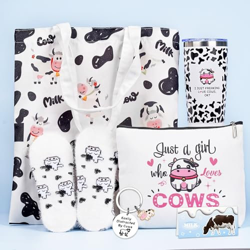 Wylario Personalised Birthday Gifts for Women - Cow Lovers Gift for Women Girls with 600ml Stainless Steel Travel Tumbler Cotton Socks Makeup Bag Keychain Thank You Gift for Wife Best Friend Daughter