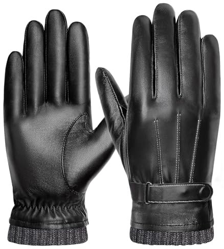 FORVEVO PU-Lederhandschuhe Herren mit Fleece Gefüttert, Handschuhe Herren, Thermo Winddicht Touchscreen Winterhandschuhe für Outdoor Camping Driving Fahren (Schwarz, XL)