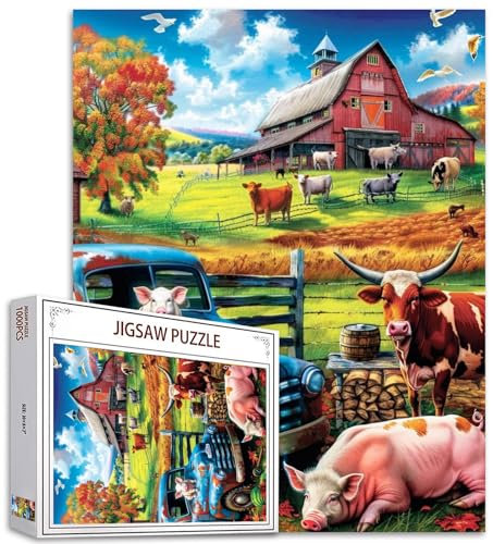 1000 Stück Jigsaw Puzzles für Erwachsene Bauernhof Rinder und Hunde Malerei Jigsaw Puzzle blaues Auto 1000 Stück Puzzlespiel Seifenblasen rotes Holzhaus DIY Craft Puzzle Kunst Raum Wanddekoration Boho