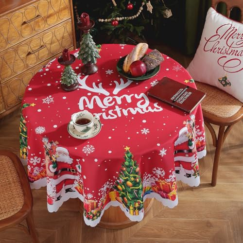 Runde Weihnachten Tischdecken 150cm wasserdichte Weihnachtstischdecke Weihnachtsbaum Zwerge Santa Tischdecke für Winter Xmas Hochzeit Party Tischdekoration (B)