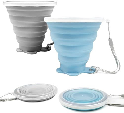 Youery 2 Bicchieri Pieghevoli in Silicone Senza BPA - Con Coperchio in Plastica, Riutilizzabili, da Viaggio - Per Picnic, Campeggio