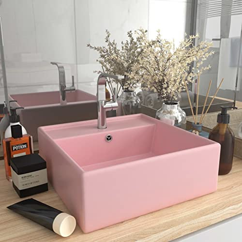 Homgoday Lavabo Carré de Luxe à Trop-Plein Rose Mat 41x41 cm Céramique, Vasque à Poser, Lavabo de Salle de Bain Évier de Comptoir pour Toilettes, Vestiaires, WC d'invités