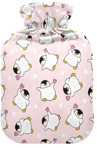Hot Water Bottle with Cover, Cute Penguin Heart 1L Leakproof Hot Water Bag for Hand Feet Warmer, Neck, Shoulder, Back, Muscle Pain Relief, Cold Compress