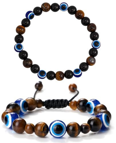 BEKKLPOU 2 Stück Auge Des Bösen Blick Armband, Evil Eye Armband Heilsteine Armband Freundschaftsarmbänder Handgemacht Böser Blick Armband, Unisex Schutz Armbänder Glücksbringer