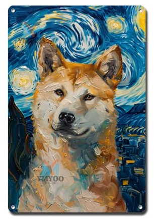 Ymyoo Metallschild Blechschild Vintage Wandkunst Akita unter dem Sternenhimmel Edler Hund in Nacht für Home Office und saisonale Displays wasserdichtes Aluminium 20,3 x 30,5 cm