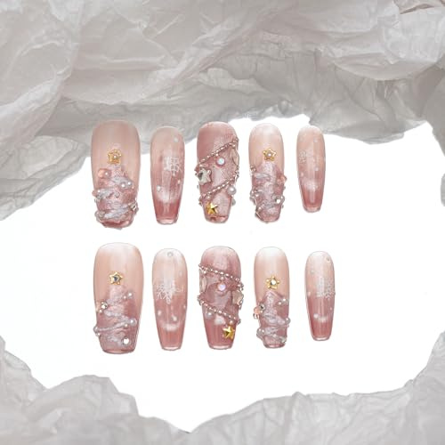 Sun&Beam Nails Handmade Press-On Nails Long Ballerina Nude Pink (#196 L) | Handmade 10-piece set with nude pink shimmer, pearl accents, star charms, snowflake details, and a glossy finish