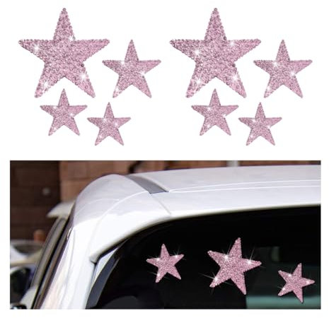 Bittwee Bling Car Stickers, 8PCS/2Set Star Crystal Rhinestone Vehicle Emblem Decals, Self Adhesive Diamond Glitter Automotive Interior Decal Decoration for Bumper Window Laptops (Light Pink)