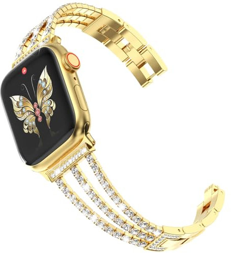 CHANCHY 46mm 45mm 44mm 42mm(series 3 2 1) Kompatibel mit Apple Watch Armband Damen,Glücks Vierblatt Diamant Edelstahl Armband Ersatzarmbänder für iWatch Series 10/9/8/7/6/5/4/3/2/1/SE, Gold