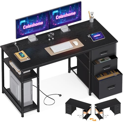 Coleshome Scrivania con 3 Cassetti in Tessuto, 130x48cm Scrivania Computer con 2 Porte di Ricarica USB e 2 Prese di Corrente, Scrivania Salvaspazio con Ripiani Reversibili per Ufficio di Casa, Nero