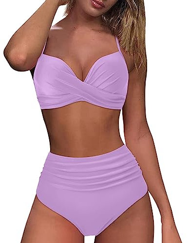 Bikini da donna, set da due pezzi, costume da bagno da donna, sexy, costume da bagno da donna con spalline sottili, a vita alta, bikini e top bikini Funky, tinta unita, Lilla, L