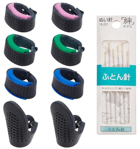 FREEBLOSS Set di 14 aghi e ditali Sashiko, set da cucito Sashiko e ditale regolabile in pelle, 6 aghi e 4 paia di ditali
