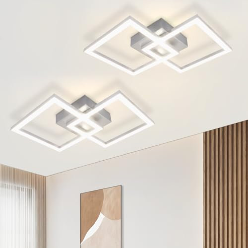 ZMH LED Deckenlampe Deckenleuchte Flur - 2ER Flurlampe 47CM Modern Design Schlafzimmerlampe Warmweißes 3000K Silber Metall 24W Quadratische Deckebeleuchtung für Schlafzimmer Wohnzimmer Küche Büro