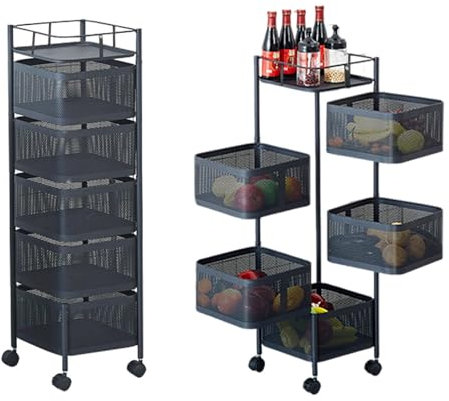 5 Etagen Gemüseregal 360° Drehbar Lagerregal Regale Küche Lagerwagen auf Rollen Bewegliches Quadratisches Metallgitter Kartoffel-/Gemüse-/Obstkörbe für Küche Wohnzimmer Badezimmer, Schwarz