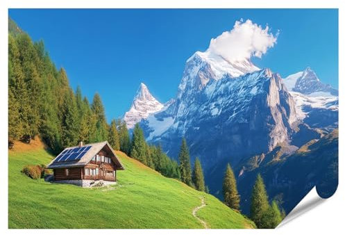 islandburner Prime XXL Bild Poster Idyllische Hütte in den Schweizer Alpen mit Bergblick für Wohnzimmer Natur- Reisebüro Premium Bilder Fotodruck
