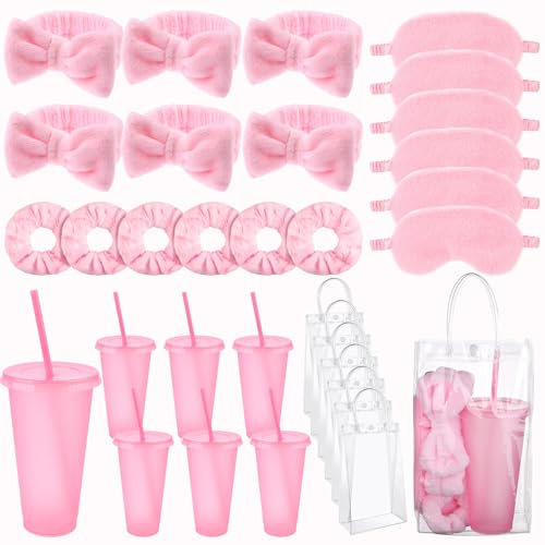 Kklolai 30 Pcs Sleepover Spa Party Supplies for Girls 6 Pink Plush Sleep Eye Mask 6 Make Up Headband 6 Cute Women Scrunchies 6 Reusable Glitter Cups 6 Clear Cosmetic Bags for Pamper Slumber Favours